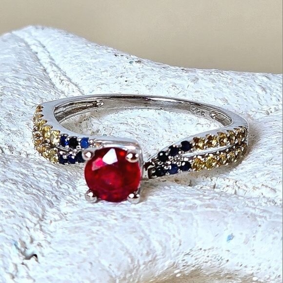 Natural‎ Ruby & Multi-color Sapphire 925 Sterling Silver Ring Sz 5.75 - Picture 1 of 7